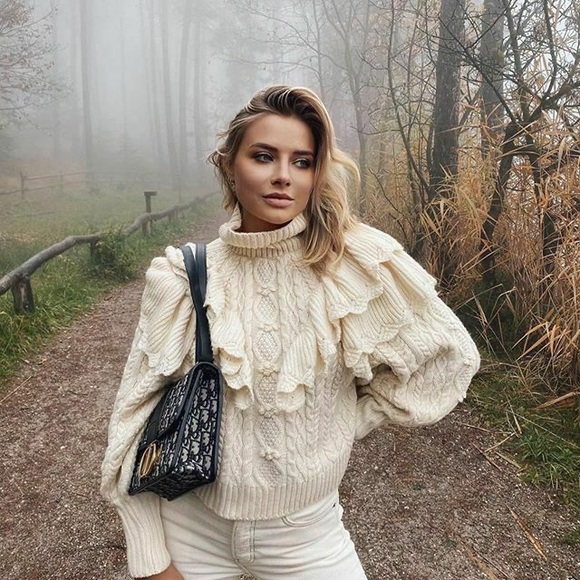 Zara Ruffle Cable Knit Sweater L 